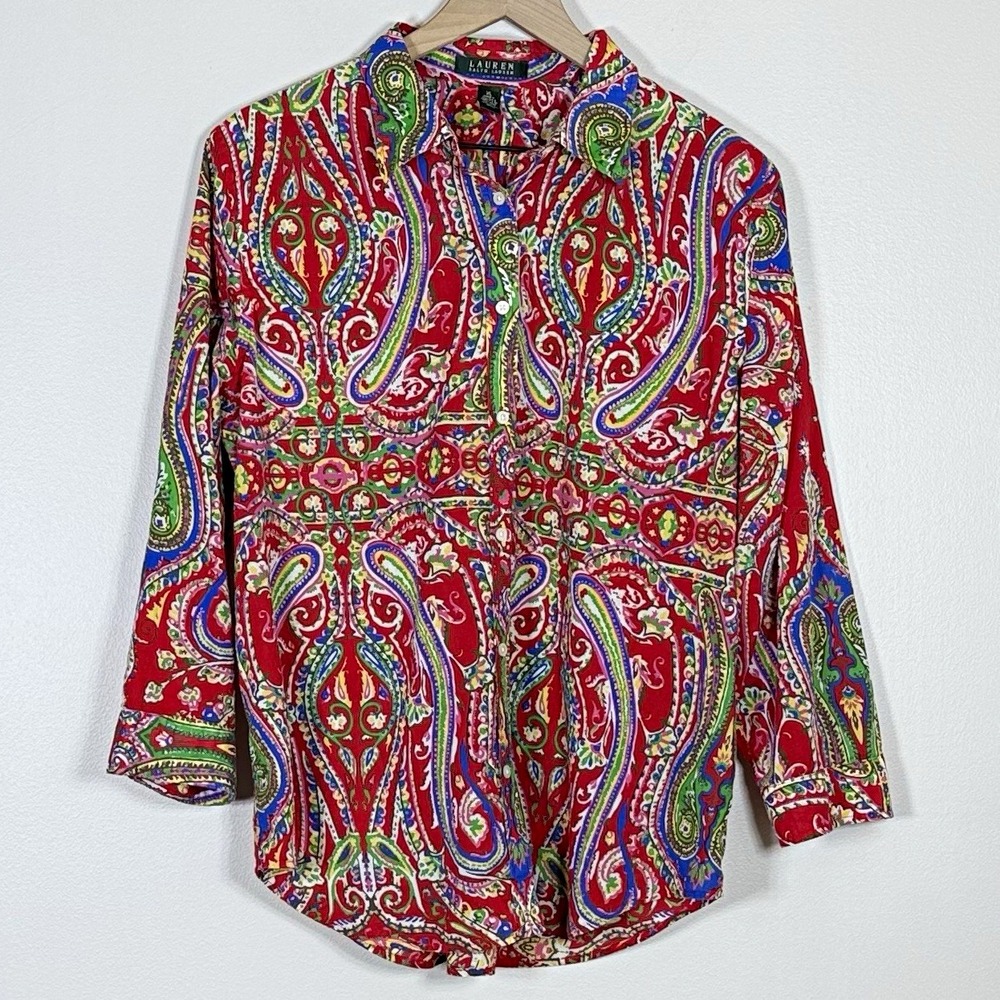 Lauren Ralph Lauren Womens Button Up Shirt XL Red Paisley Cotton Preppy Artsy